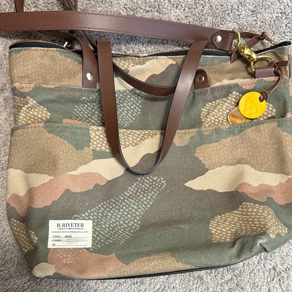 R. Riveter Camo Canvas Tote with Brown Leather Straps